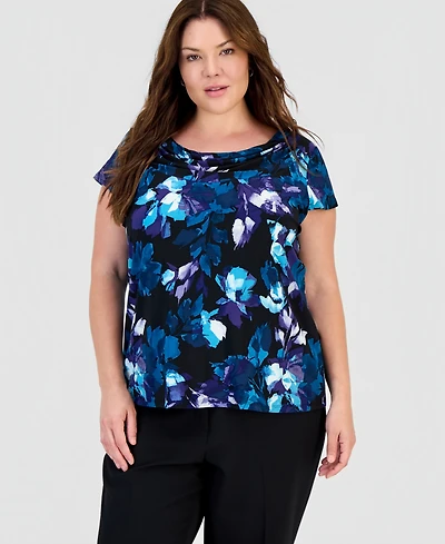 Kasper Plus Printed Cowl-Neck Cap-Sleeve Top