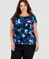 Kasper Plus Printed Cowl-Neck Cap-Sleeve Top