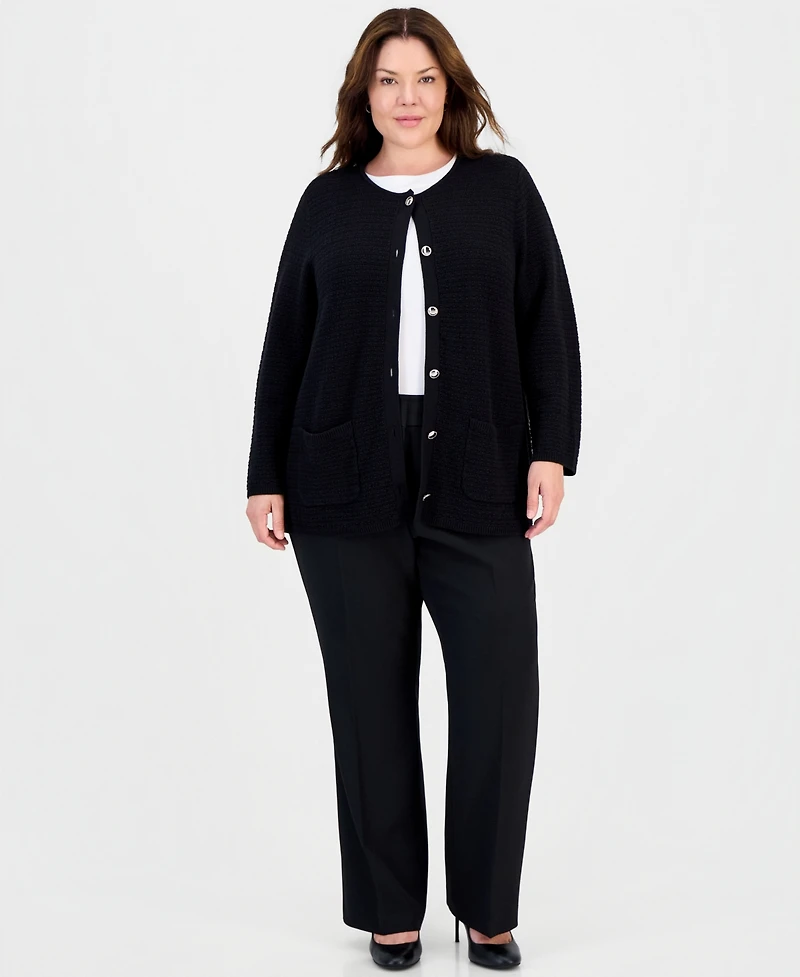 Kasper Plus Textured Patch-Pocket Crewneck Cardigan