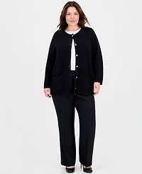 Kasper Plus Textured Patch-Pocket Crewneck Cardigan