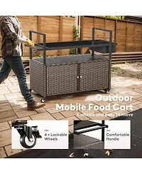 Pocassy Patio Bar Table,Outdoor Kitchen Island with Glass Top,Rattan Storage Cabinet Wheels,Bar Cart for Poolside and Backyard