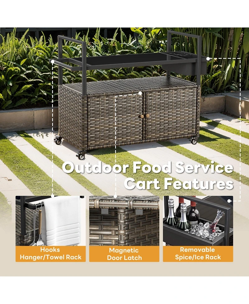 Pocassy Patio Bar Table,Outdoor Kitchen Island with Glass Top,Rattan Patio Storage Cabinet with Wheels,Bar Cart for Poolside and Backyard