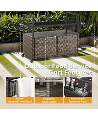 Pocassy Patio Bar Table,Outdoor Kitchen Island with Glass Top,Rattan Patio Storage Cabinet with Wheels,Bar Cart for Poolside and Backyard