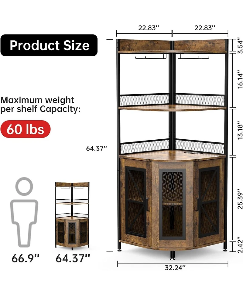 gaomon 64" Tall Wood Corner Bar Cabinet with Power Outlet, Led Lighting, and Glass Holder