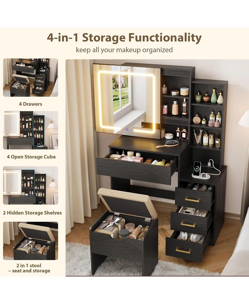 gaomon Makeup Vanity Desk with Sliding Mirror and Lights 4 Drawers 7 Shelves Stool.