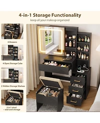 gaomon Makeup Vanity Desk with Sliding Mirror and Lights 4 Drawers 7 Shelves Stool.