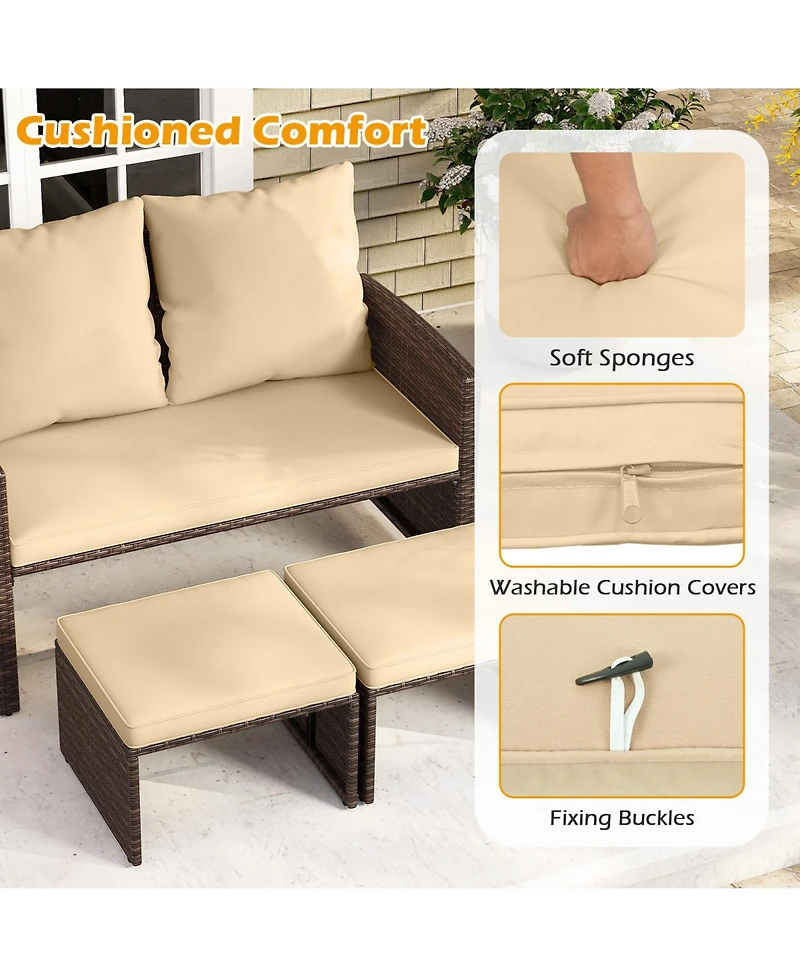 Gymax Loveseat w/ Ottomans Set of 3 Patio Pe Wicker Furniture Set w/ Cushions Outdoor
