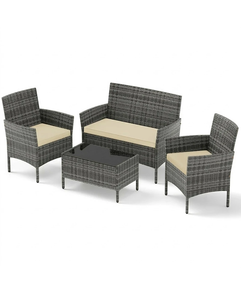 Gouun 4-Piece Wicker Patio Conversation Set with Loveseat, Chairs, and Glass Coffee Table