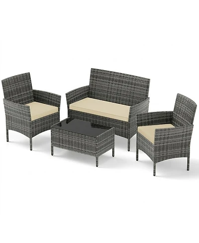 Gouun 4-Piece Wicker Patio Conversation Set with Loveseat, Chairs, and Glass Coffee Table