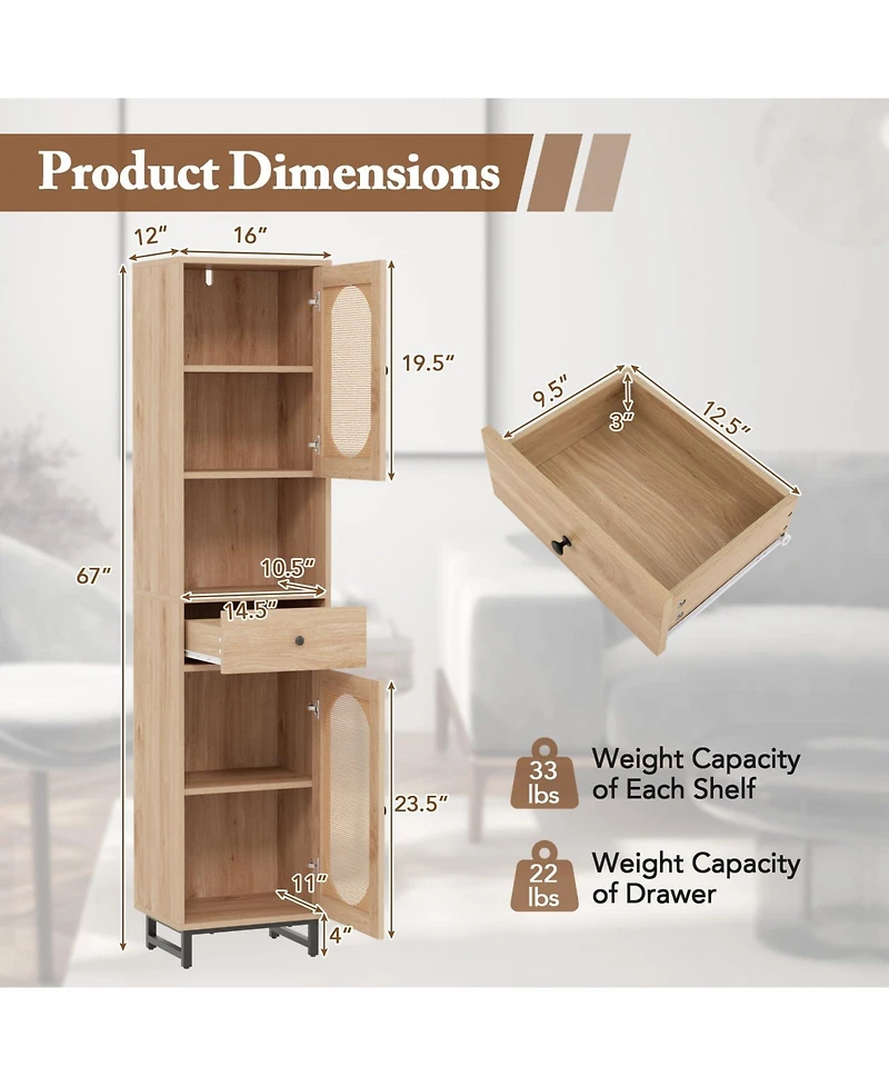 Volenca 67 Inch Tall Bathroom Cabinet Pe Rattan Floor Cabinet with 2 Doors