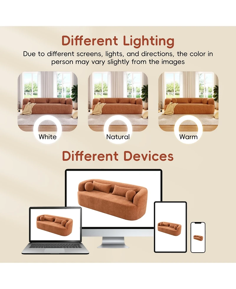 Rainsken 86" Curved Cloud Sofa, Chenille Boneless Couch with Pillows and High-Density Foam, 3-Seater Compressed Sofa for Living Room