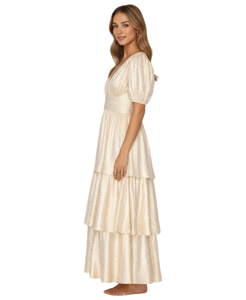 Modenaire Women's Lucille Metallic Puff-Sleeve Tiered Maxi Dress
