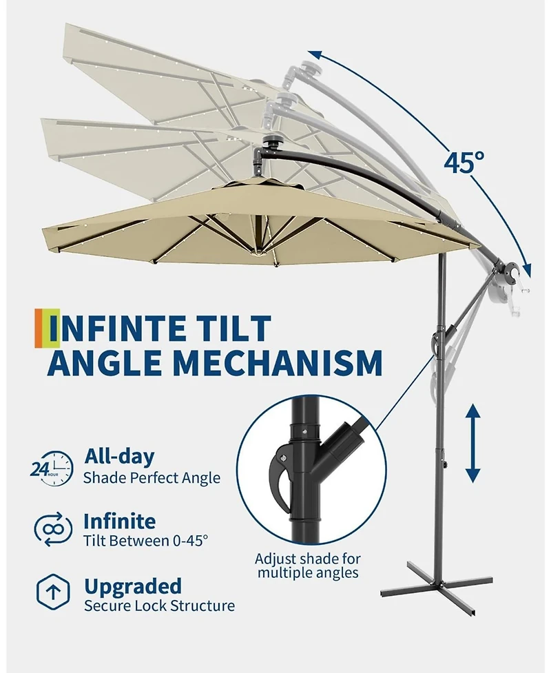 Xo 10 Ft Offset Patio Umbrella with Solar Led Lights, Cantilever Outdoor Umbrella with Infinite Tilt and Cross Base, 32 Led Lights Uv Protection Shade