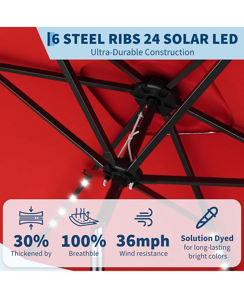 Xo 10 x 6.5 Ft Solar Rectangular Patio Umbrella with Led Lights, Outdoor Market Table Umbrella with Crank Lift, Vented 6-Rib Steel Frame Shade