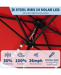 Xo 10 x 6.5 Ft Solar Rectangular Patio Umbrella with Led Lights, Outdoor Market Table Umbrella with Crank Lift, Vented 6-Rib Steel Frame Shade