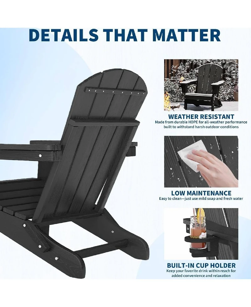 Xo 2 Pcs All Weather Resistent Outdoor Patio Chair, Folding Adirondack Chair with Cup Holder, Black