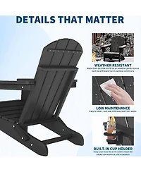 Xo 2 Pcs All Weather Resistent Outdoor Patio Chair, Folding Adirondack Chair with Cup Holder, Black