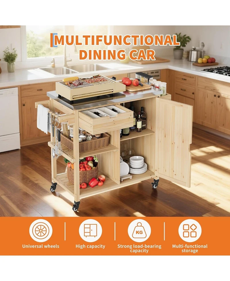 Xo Outdoor Grill Cart with Wheels, Solid Wood Bbq Station, Stainless Steel Top, Storage Rack for Patio