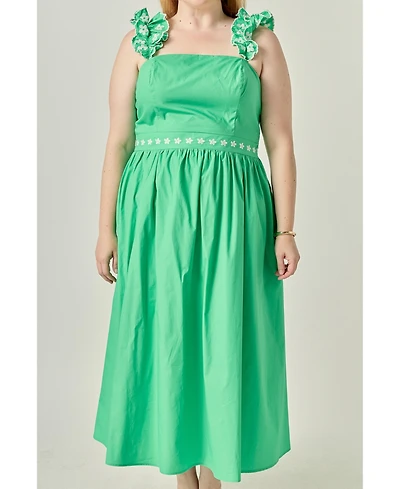 English Factory Plus Flower Embroidered Ruffle Midi Dress
