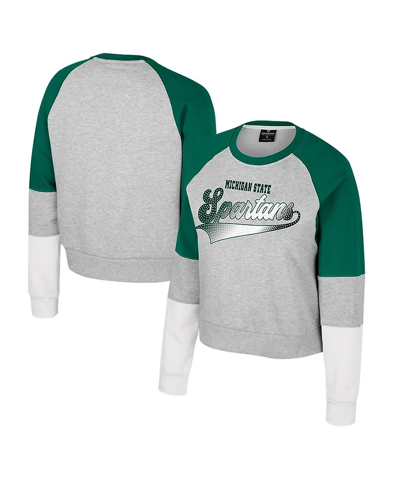 Colosseum Big Girls Heather Gray Michigan State Spartans Katinka Rhinestone Pullover Sweatshirt