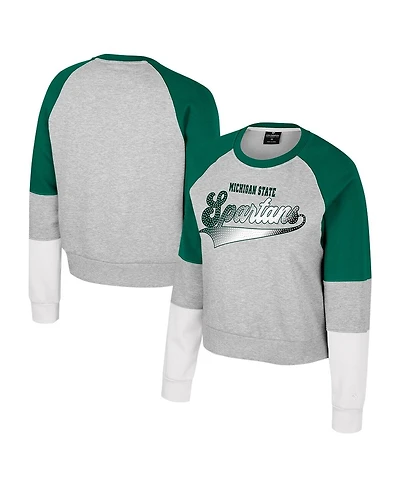 Colosseum Big Girls Heather Gray Michigan State Spartans Katinka Rhinestone Pullover Sweatshirt