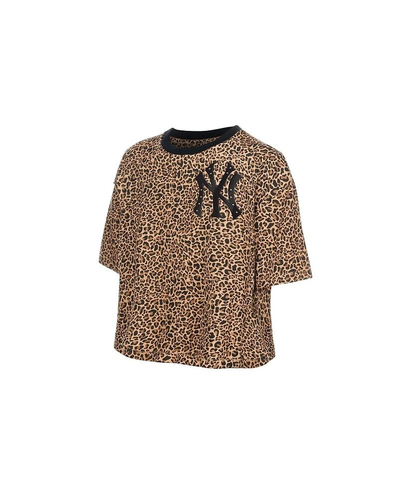 New Era Women's Brown York Yankees Leopard Boxy Cropped T-Shirt