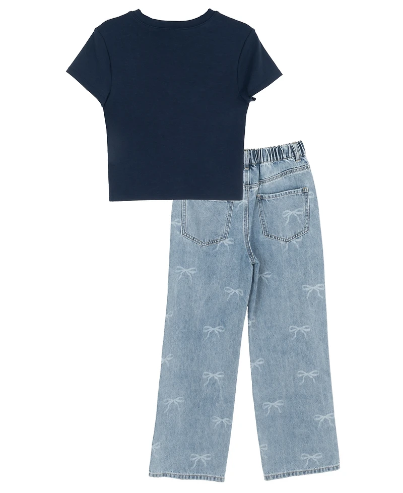 Tween Diva Girls' 7-16 Graphic T-Shirt and Bow Printed Denim Pants, 2-Piece Set