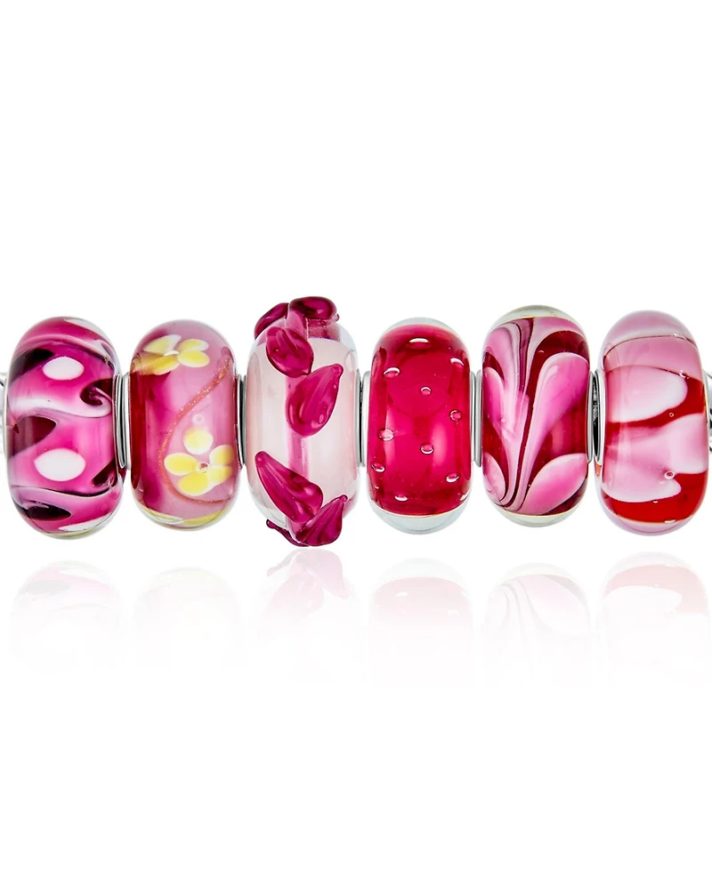 Bling Jewelry Mixed Set Red Pink Floral Murano Glass Flower Charm Bead Sterling Silver Core For Bracelet