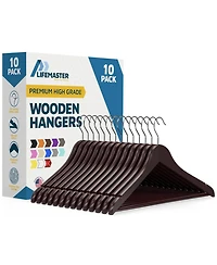 Lifemaster Wooden Clothes Hangers with 360degree(s) Swivel Hook, Non-Slip Notches, Pants Bar, Holds 10 Pounds