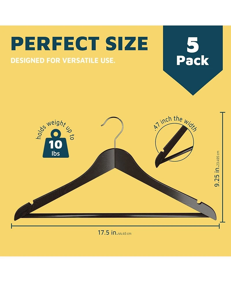 Lifemaster Wooden Hangers with 360degree(s) swivel hook, non-slip notches, and pants bar. Holds 10 Pounds. Perfect for suits, and coats. Pack of 5