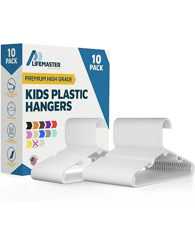 Lifemaster Kids Plastic Hangers, White, 11.6", with shoulder notches, space-saving, hold 5 Pounds, ideal for baby, toddler and kids clothes, 10-pack
