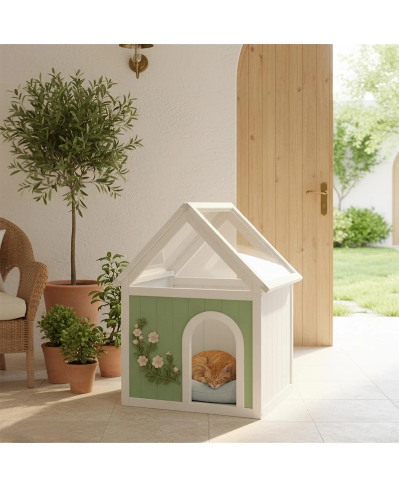 Aostirmotor Dog House with Floral Carvings Fsc Cedar Indoor Shelter