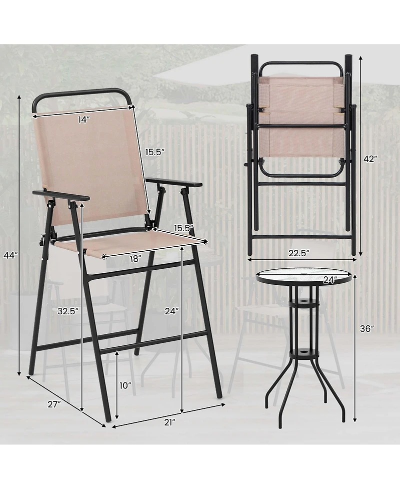 Costwayv 3PCS Patio Bistro Set Folding Chairs Round Bar Table with 1.6'' Umbrella Hole Yard