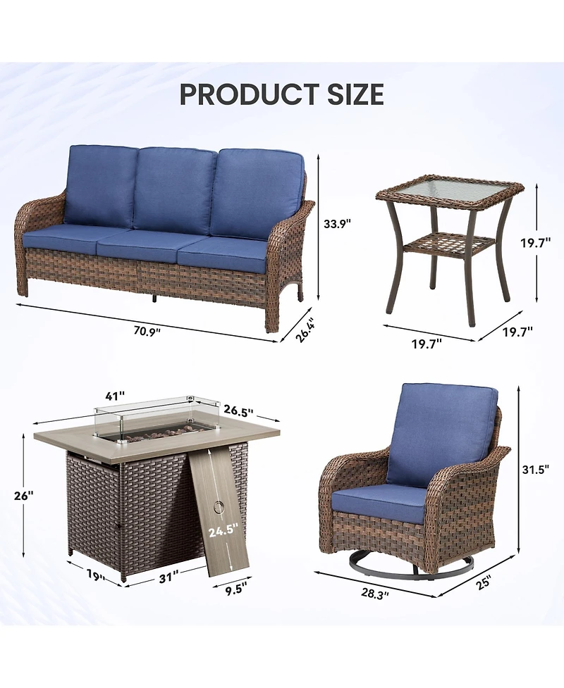 Pocassy 5 Pieces Patio Furniture Set, Outdoor Wicker Sofa Couch with Swivel Chairs Fire Pit Table, High Back All Weather Modern Conversation Sets