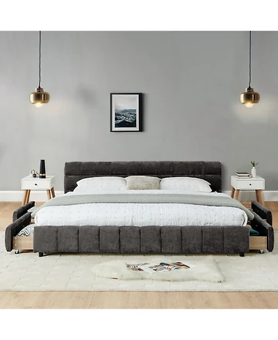 Clihome King Platform Bed with Storage Drawers, Upholstered Chenille Bed Frame