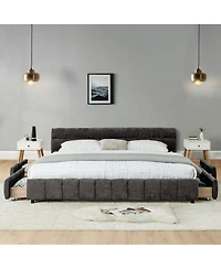 Clihome King Platform Bed with Storage Drawers, Upholstered Chenille Bed Frame