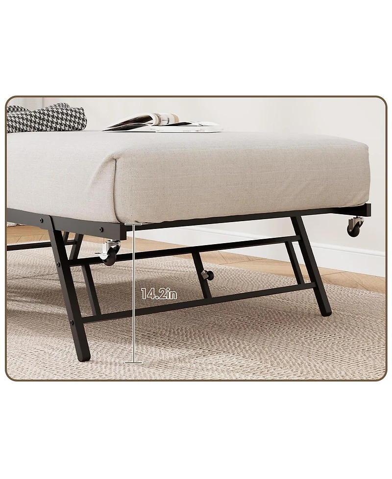 homfan Metal Daybed with Trundle, Wavy Wood-Grain Headboard, Twin Sofa Bed Locking Casters and Steel Support Bars