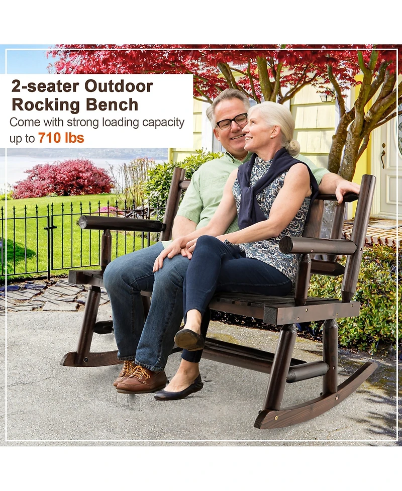 Gymax Outdoor Carbonized Wood Rocking Bench Double Rocking Chair for 2 Persons with Wide Curved Seat