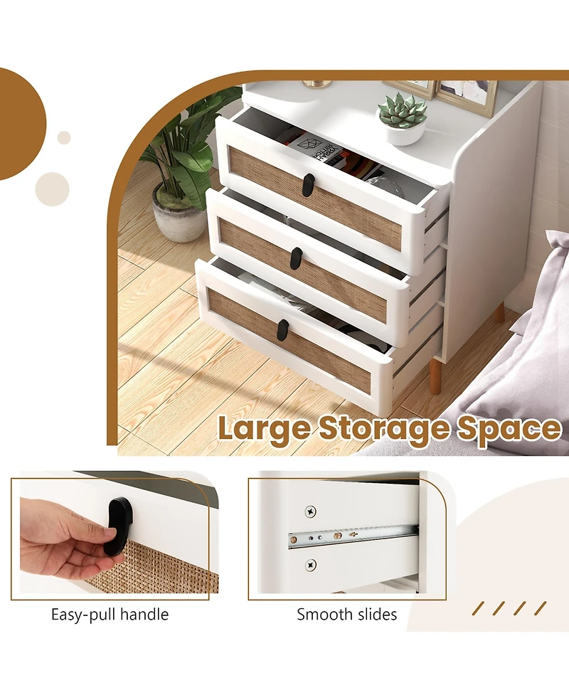Gymax Modern Nightstand End Bedside Table with 3 Rattan Drawers and Solid Wood Legs