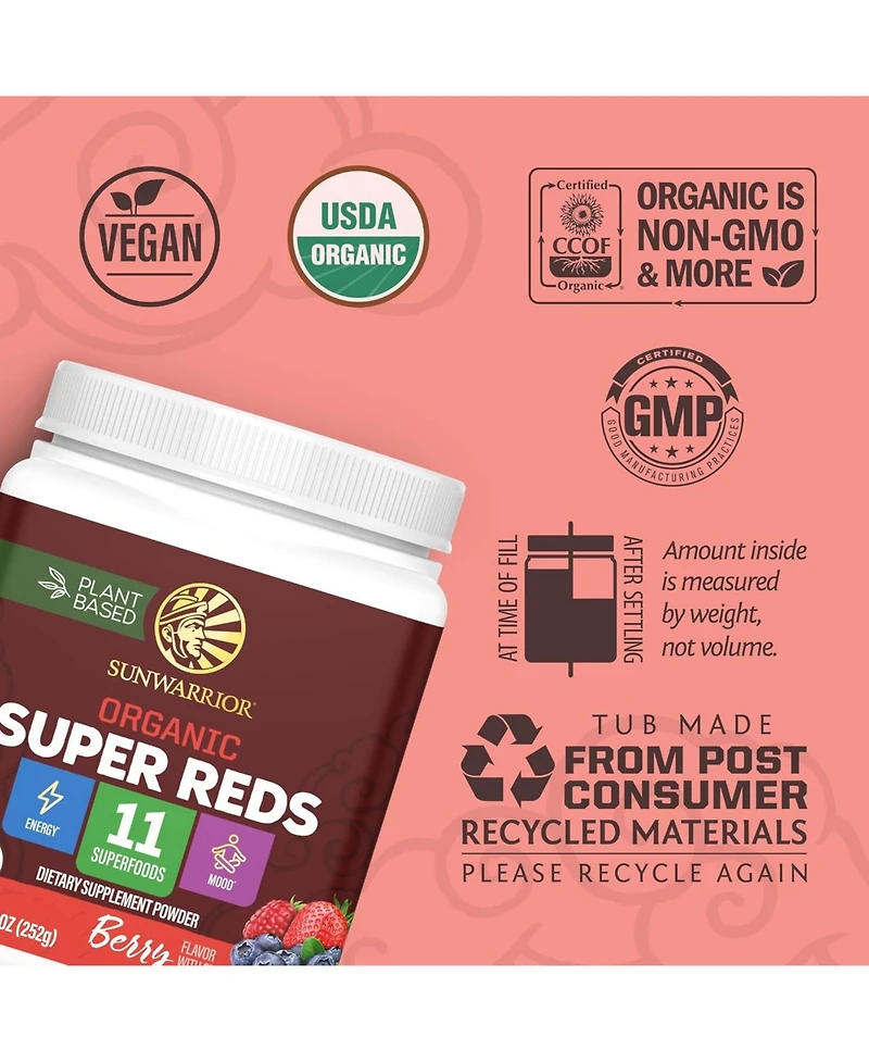 Sunwarrior 11 Superfoods with Beet Root, Berries, Reishi and Cordyceps Energy, Circulation and Immune Support 28 Servings