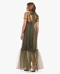 Xscape Women's Turtle Neck Organza Overlay Ball Gown