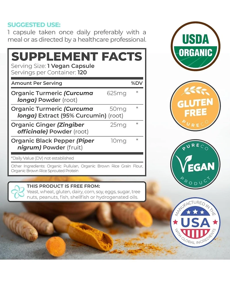 Pure Co. Organic Turmeric with Ginger and Pepper, 120 Count