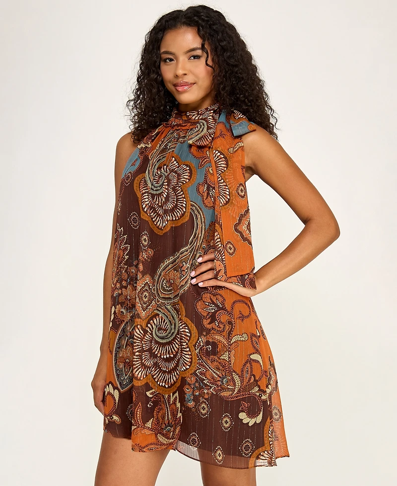 Seni & Cade Juniors' Mock Neck Paisley Print Short Dress