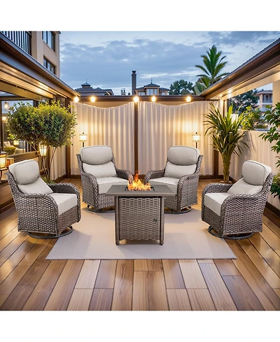 Pocassy Outdoor Furniture with Fire Pit -Patio Table and Chairs Set of 4 Swivel Patio for Deck Porch Garden Poolside Backyard
