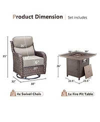 Pocassy Outdoor Furniture with Fire Pit -Patio Table and Chairs Set of 4 Swivel Patio for Deck Porch Garden Poolside Backyard