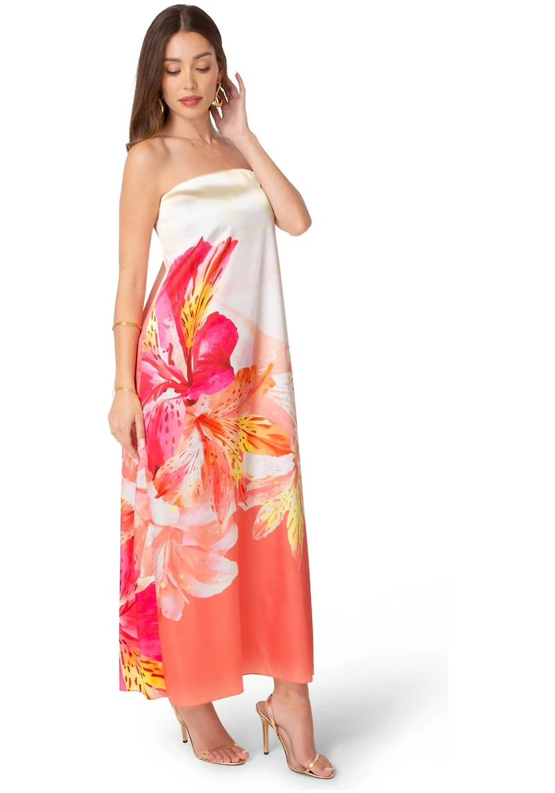 Bebe Women's Printed Satin Strapless Maxi Dress