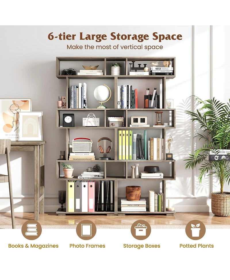 Gymax Set of 2 6-tier Storage Bookshelf with Anti-toppling Kits Decorative Room Divider