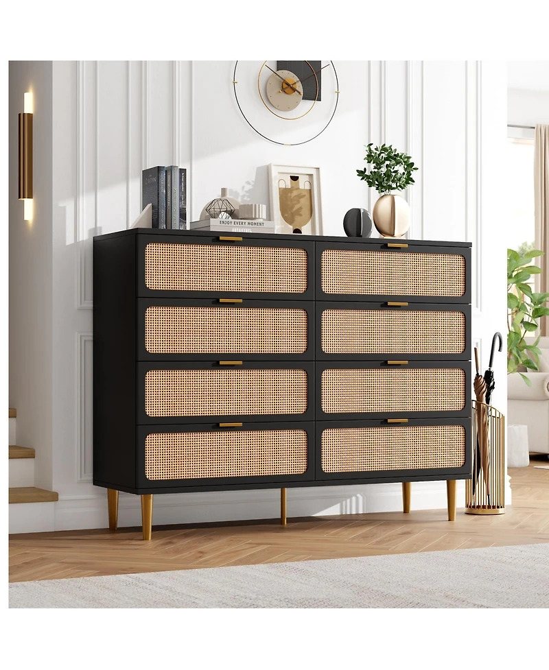 homfan Rattan 8-Drawer Tall Dresser, Large Wooden Storage Chest with Deep Drawers and Wide Top for Multi-Room Use