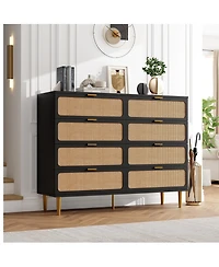 homfan Rattan 8-Drawer Tall Dresser, Large Wooden Storage Chest with Deep Drawers and Wide Top for Multi-Room Use