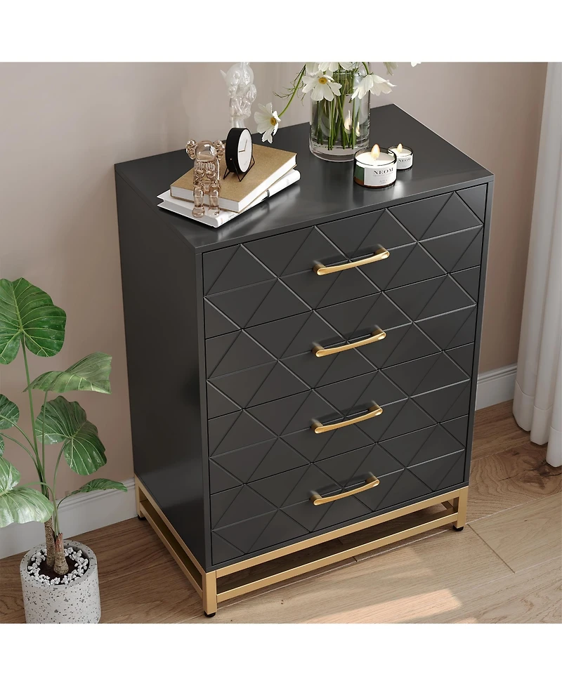 homfan Tall 4-Drawer Modern Dresser, Wood Storage Chest with Metal Accents, Multi-use Cabinet for Bedroom, Hallway and Living Room